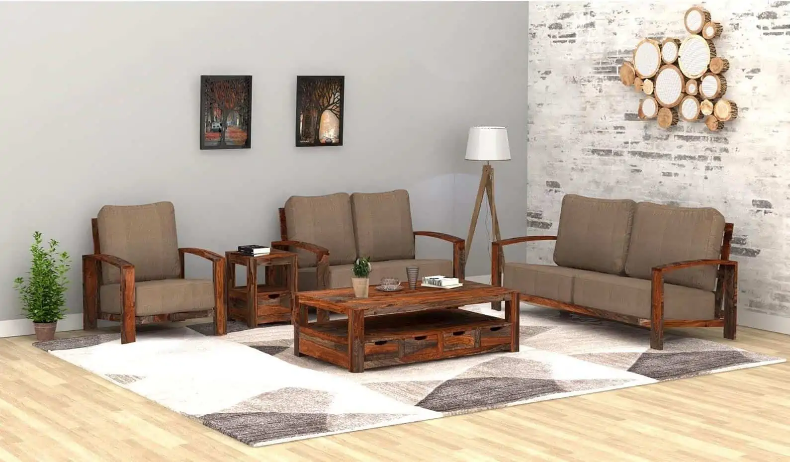 Indian style living room with sofa set, grey walls, brown floors, white rug and a statement wall art