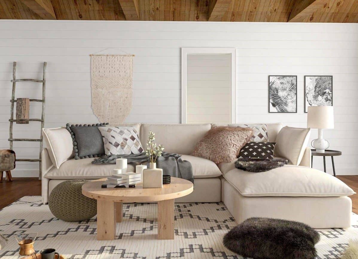 white living room interiors with a sofa, table, ladder and rug