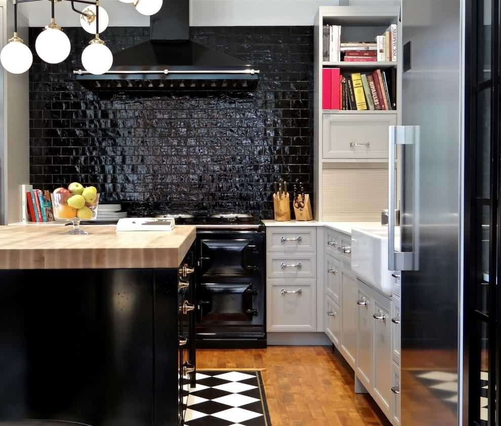 kitchen with easy to clean glossy backsplash black tiles