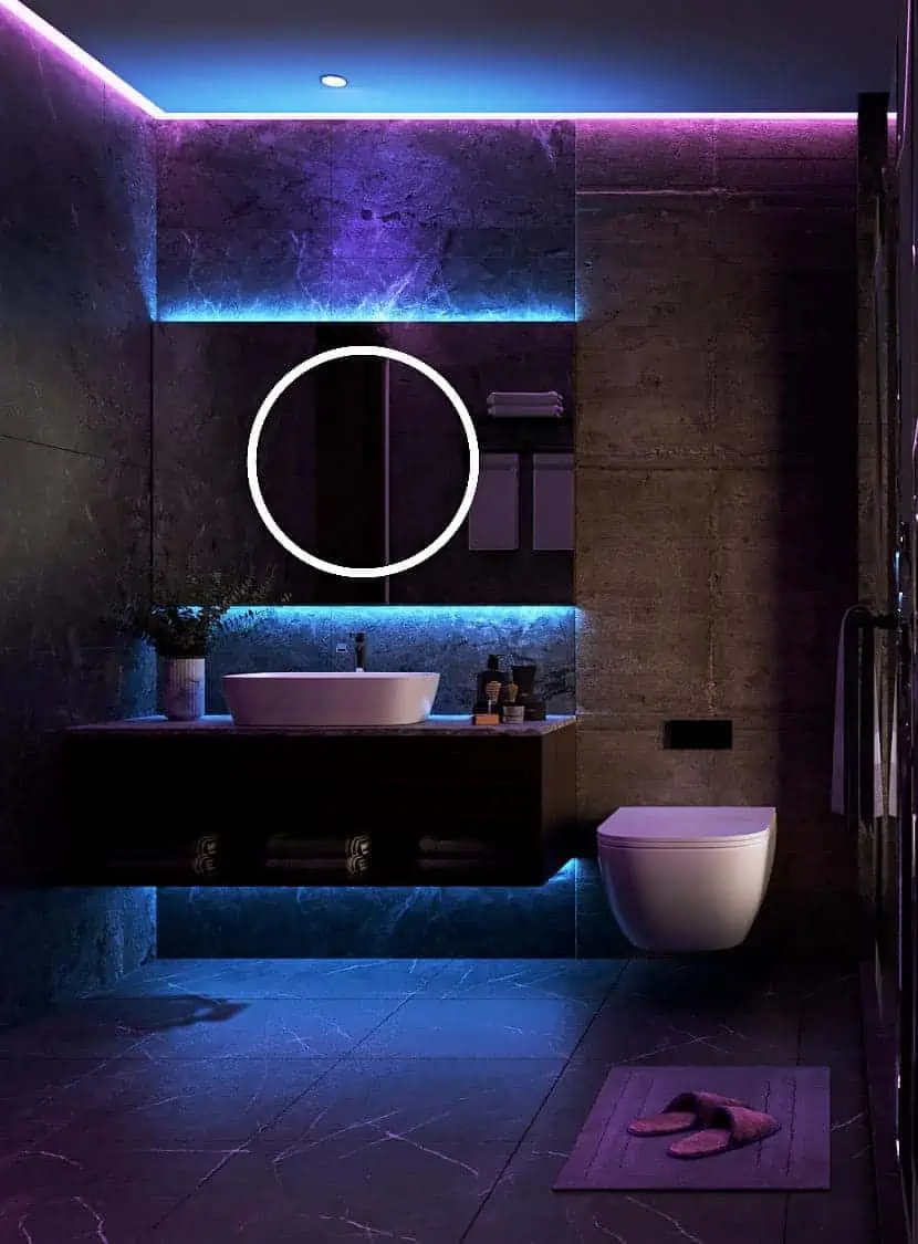 A modern bathroom lit with lighting strip LEDs.