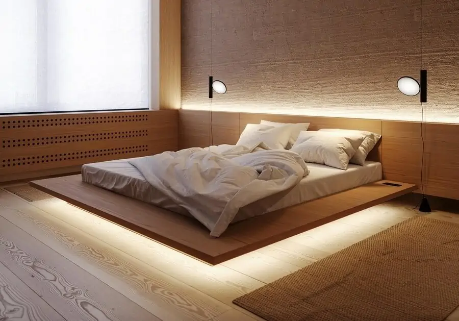 A modern bedroom with good lighting.