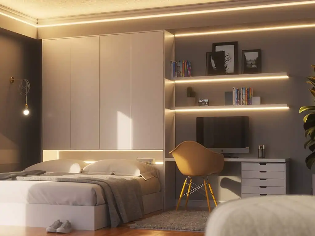 A simple bedroom with proper lighting.
