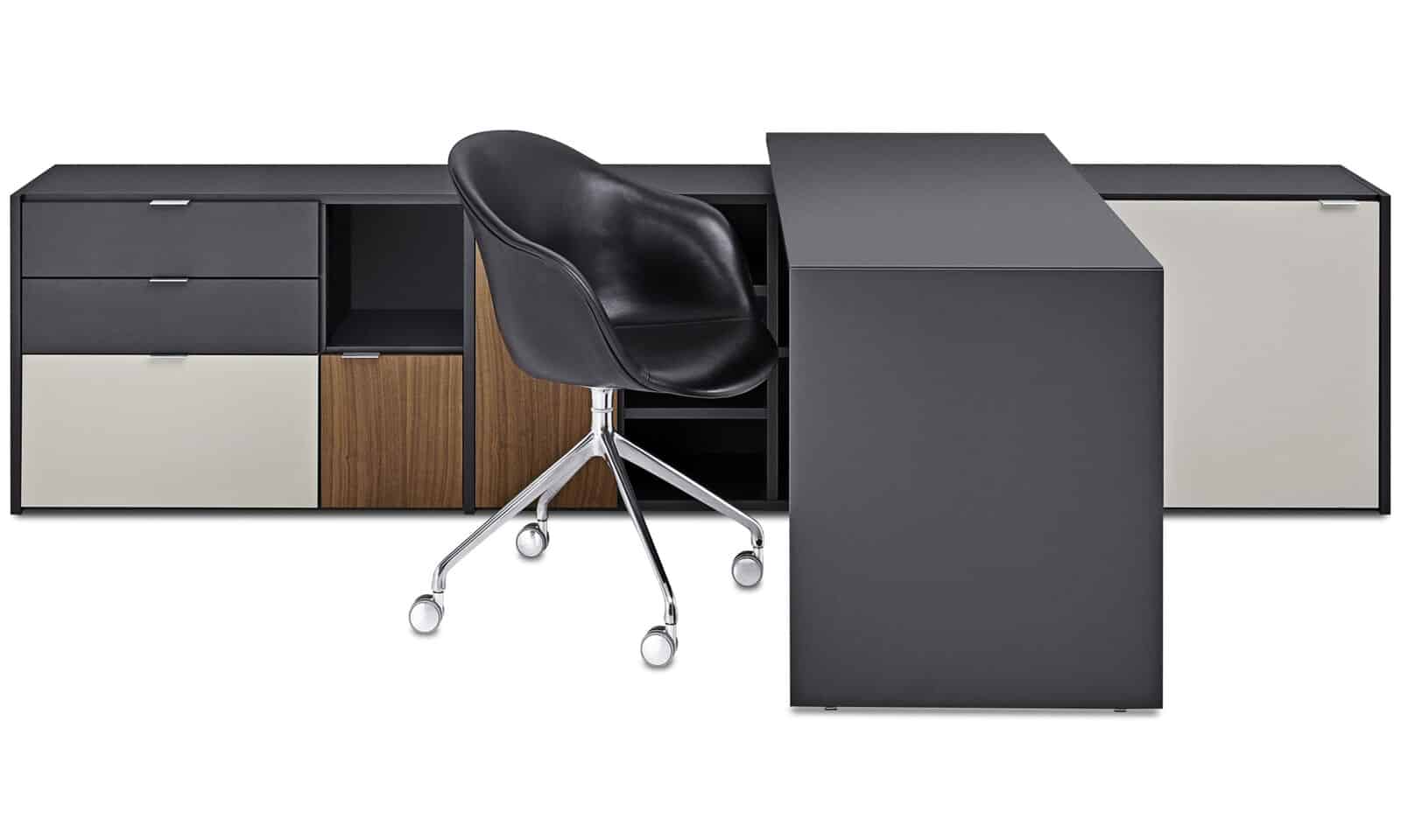 black office workstation system in lshaped with leather revolvable chair