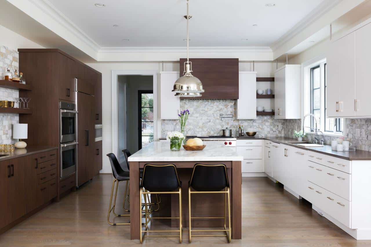 Beautiful kitchen with two tone cabinets in white and brown