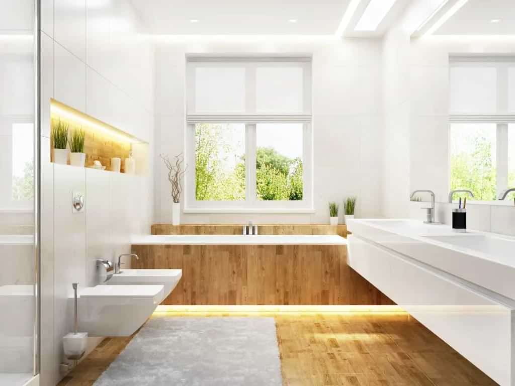 Wooden floor tiles bathroom with drop in tub