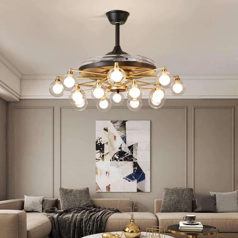 chandelier with sofa, painting and table