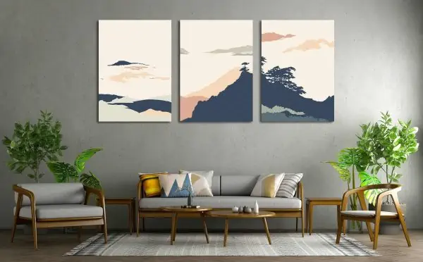 A sophisticated wall art painting, displayed in a living room.