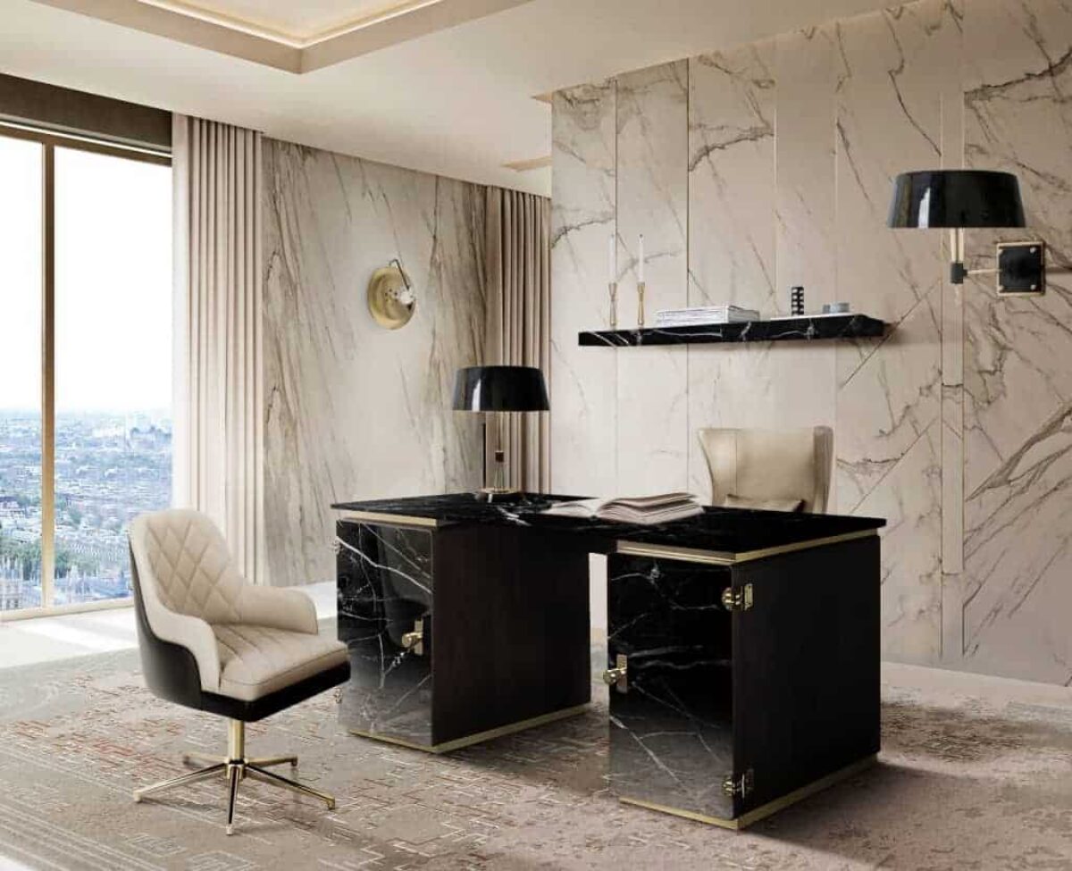 Black Home Office Desk and Chair Design Luxury Stone Top Work Desk