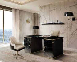 black marble boss office table with white quilted office chair in luxurious office
