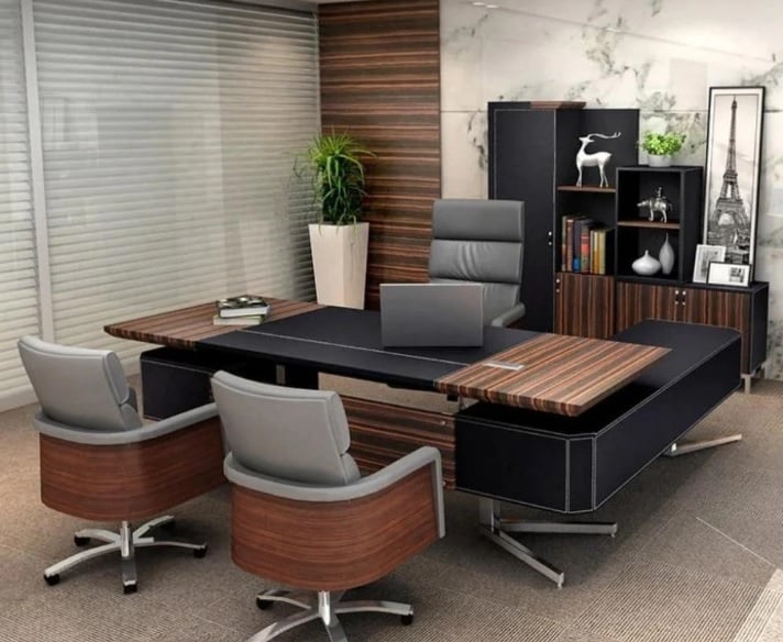 luxury boss cabin with black and wooden desk table and chairs