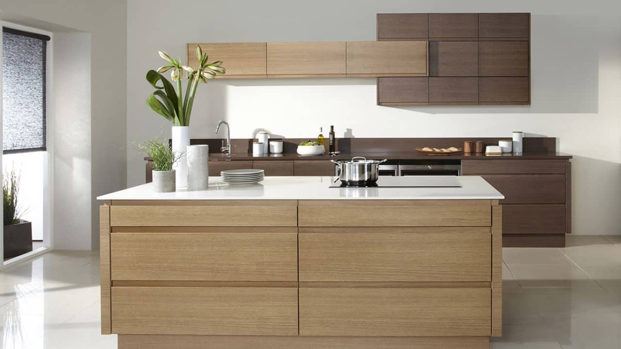 Modern kitchen design with sleek handleless brown cabinets