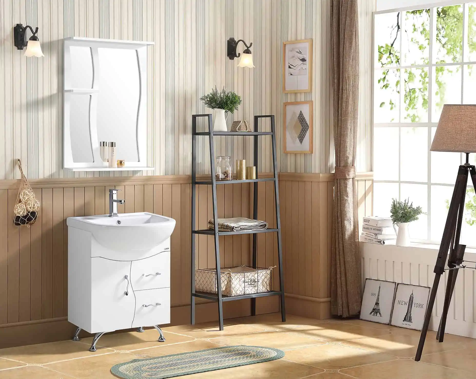 A neatly maintained bathroom area with a vintage dresser and storage shelf.