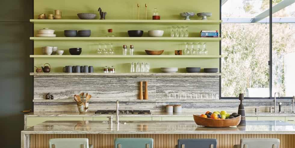 Modern kitchen design with green display shelves