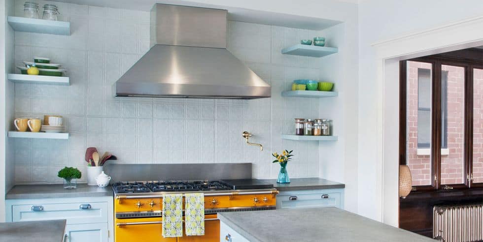 Modern kitchen design with white display shelves