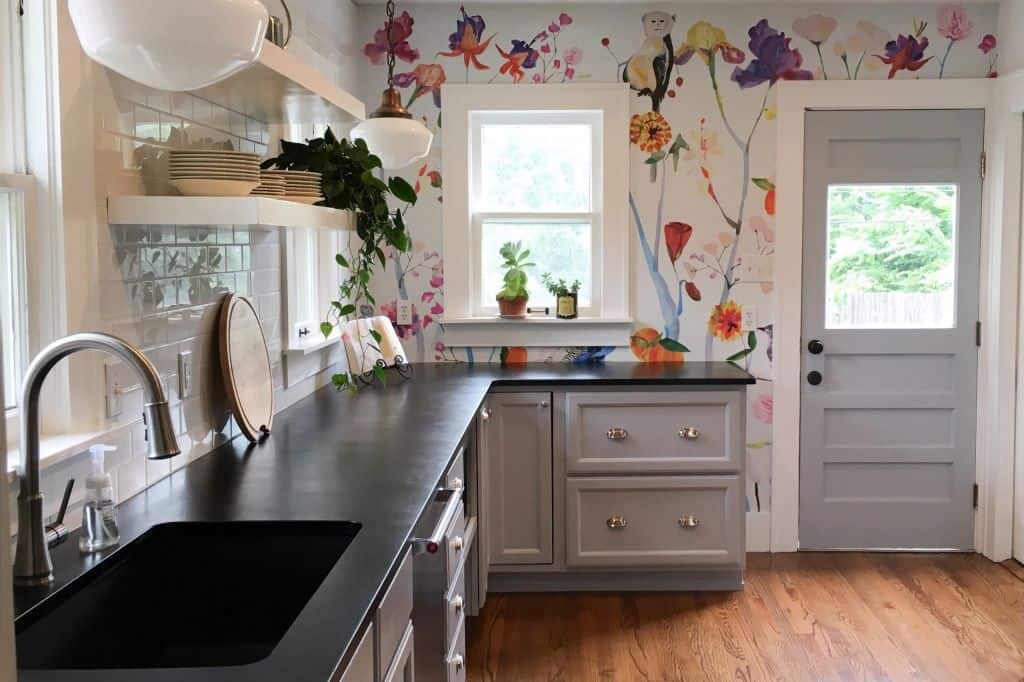 Modern kitchen with white floral wallpapers