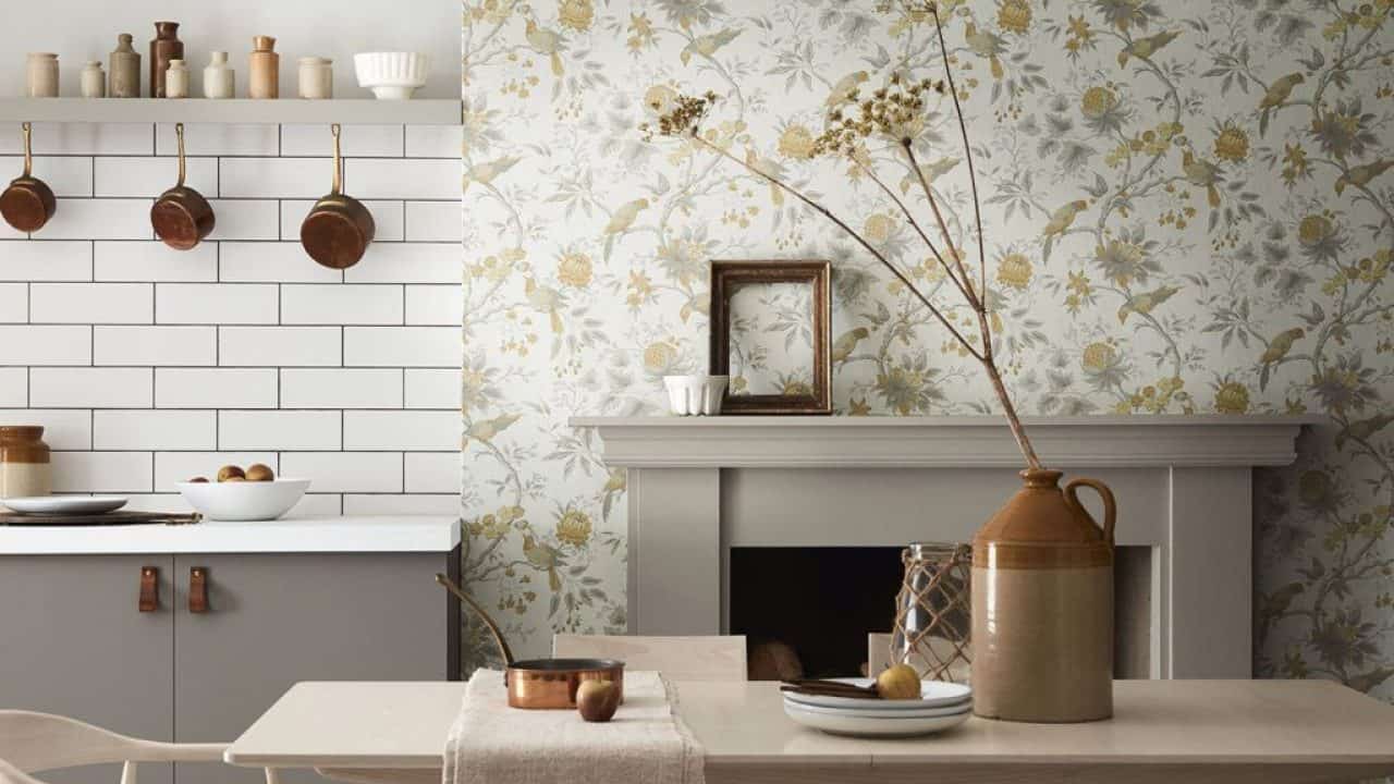 Modern kitchen with white floral wallpaper