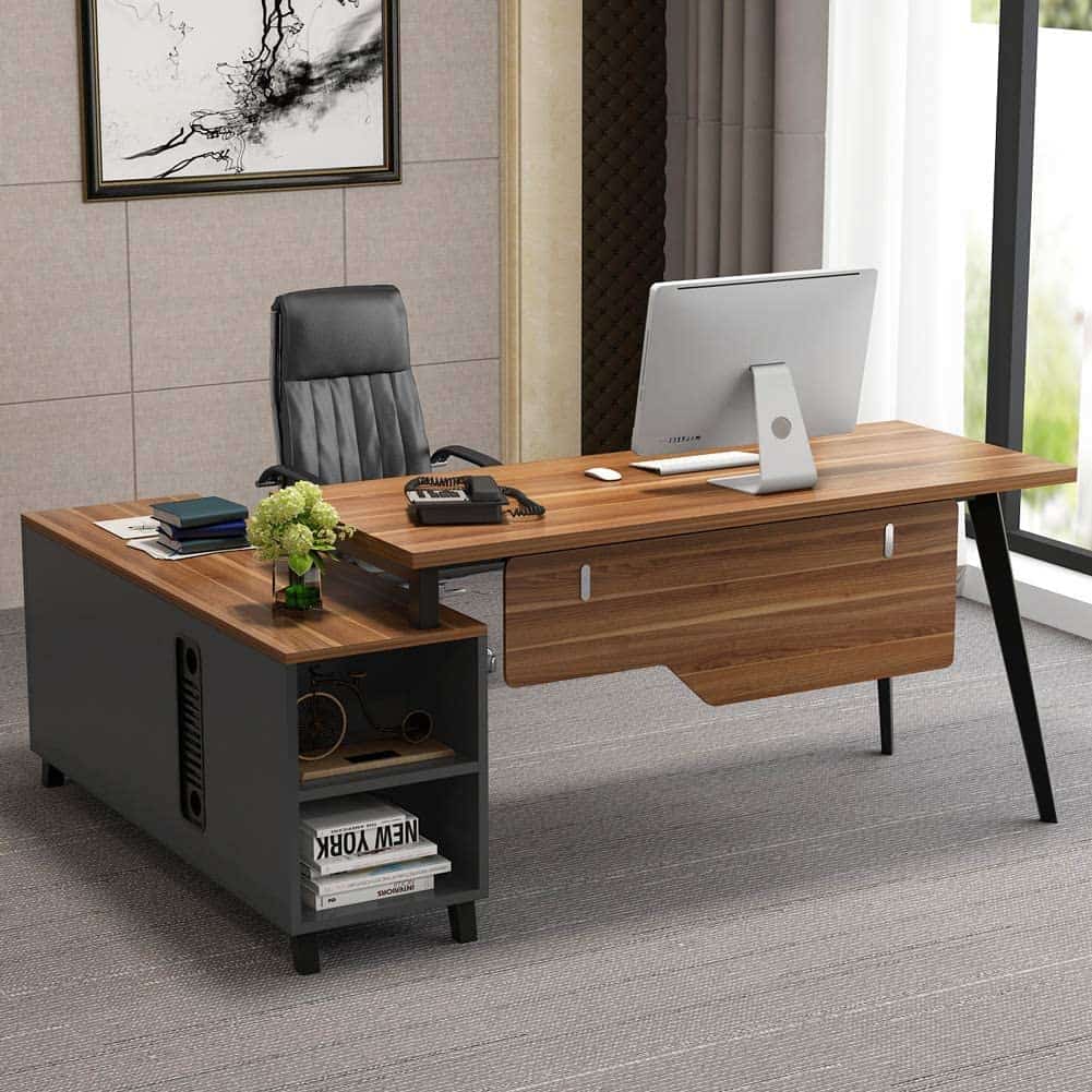 luxurious wood l-shaped office table with chair and grey cladding walls with painting