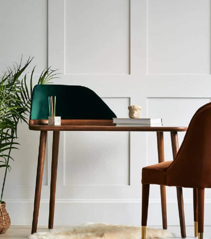 contemporary wooden desk with green detailing in unique design with red velvet wooden chair