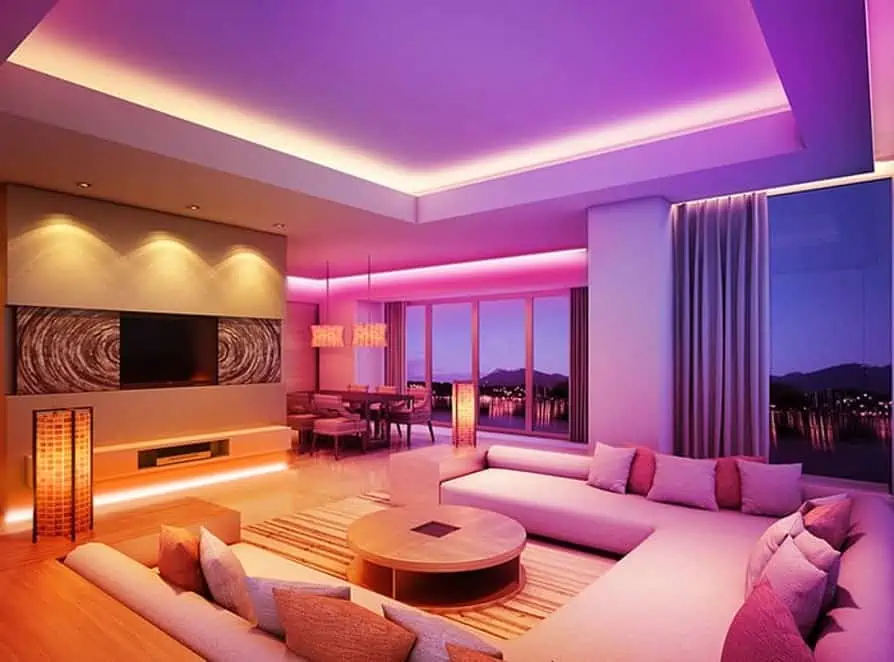 A perfectly lit living room with lighting strip LEDs.