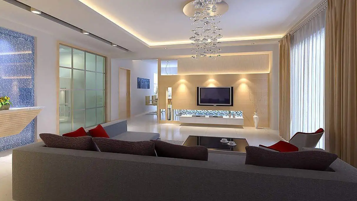 A modern living room with good lighting.