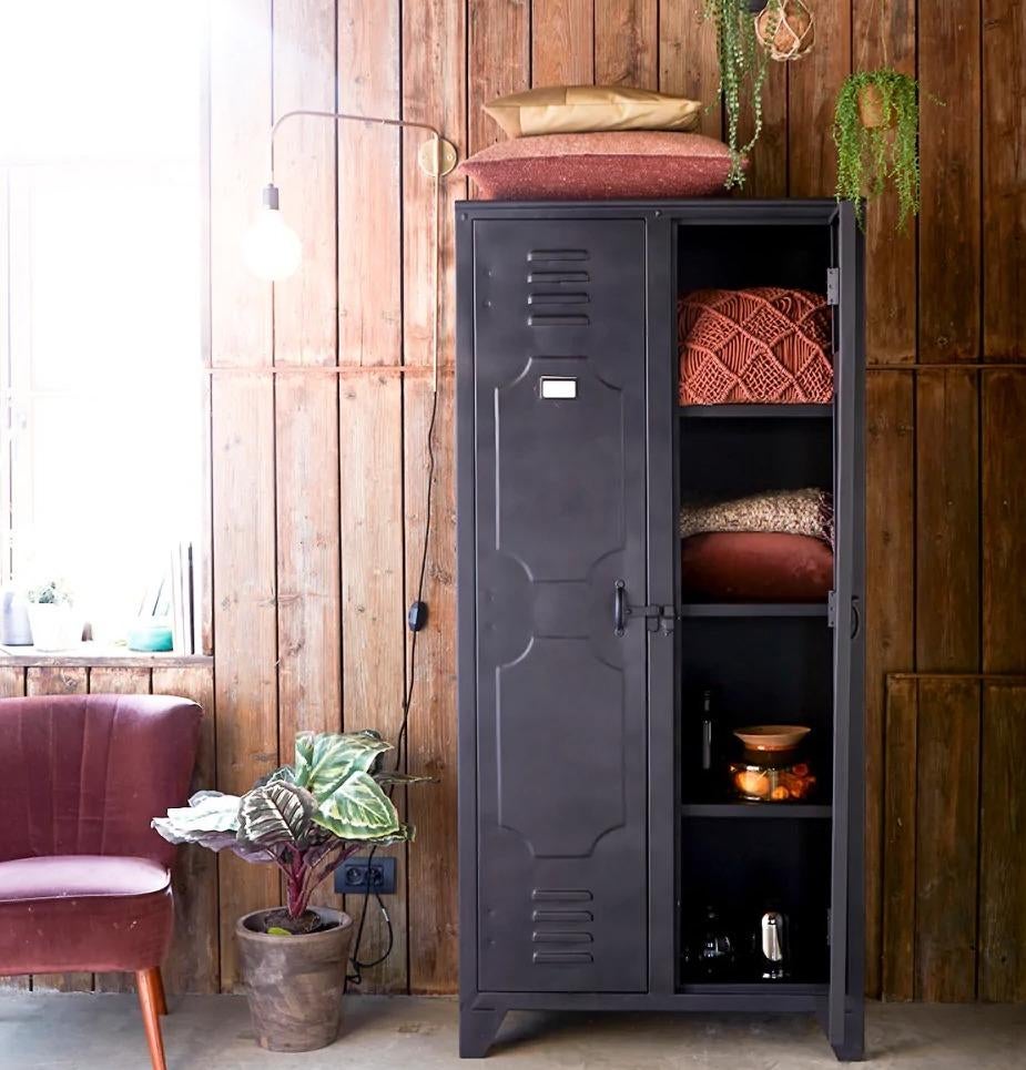 blue metal wardrobe & cupboard design in a modern bedroom with brown walls