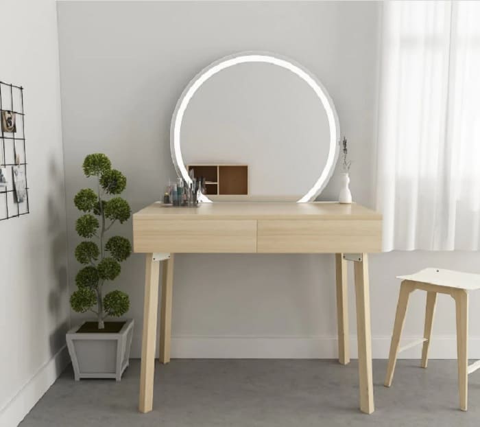 wooden vanity table with lights