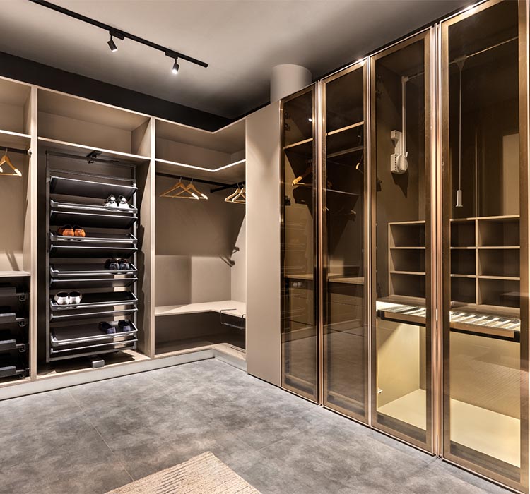 modular walk-in wardrobe in brown