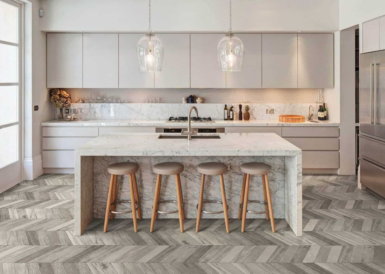 Parquet wood flooring in open plan kitchen with island