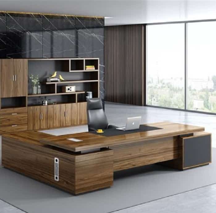 wooden lshaped executive table with black open cabinet 