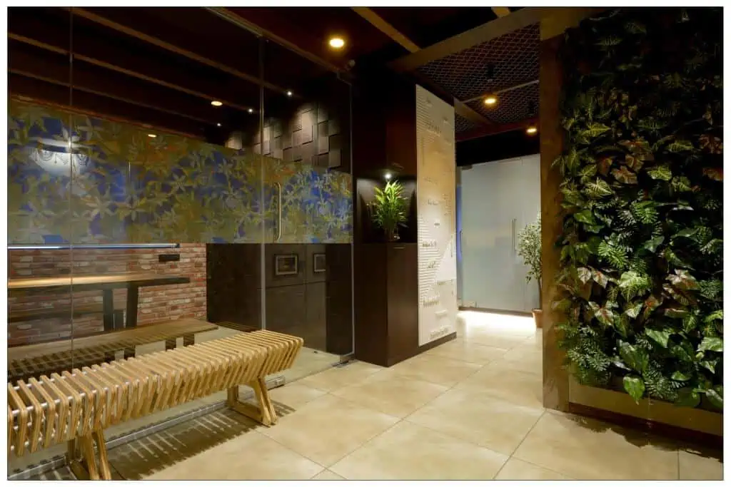 office interiors with glass, wallpaper sustainability, and vertical garden for interior design