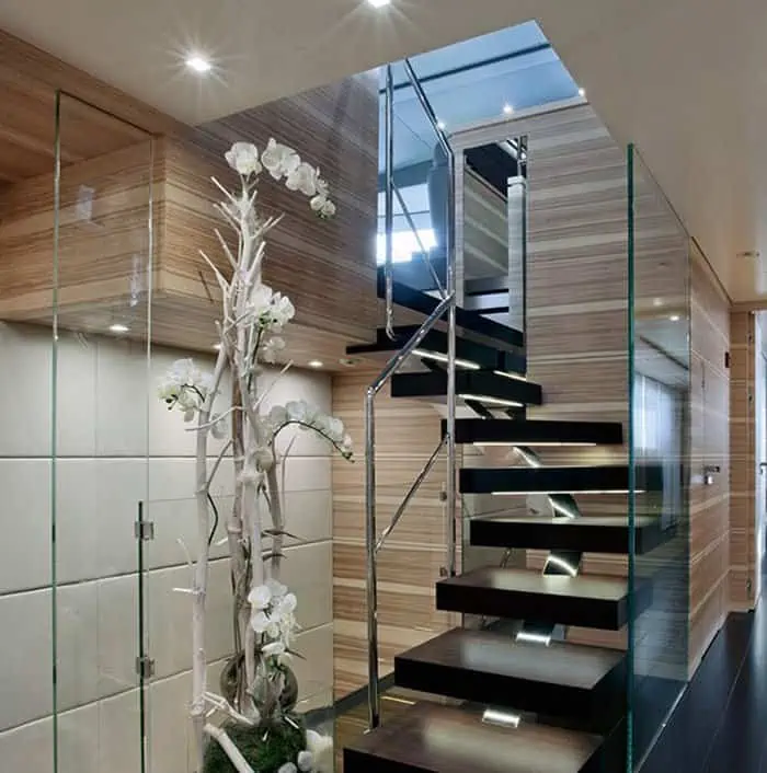 A modern staircase with good lighting.