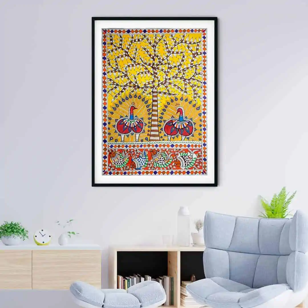 Madhubani painting displayed on a white wall.