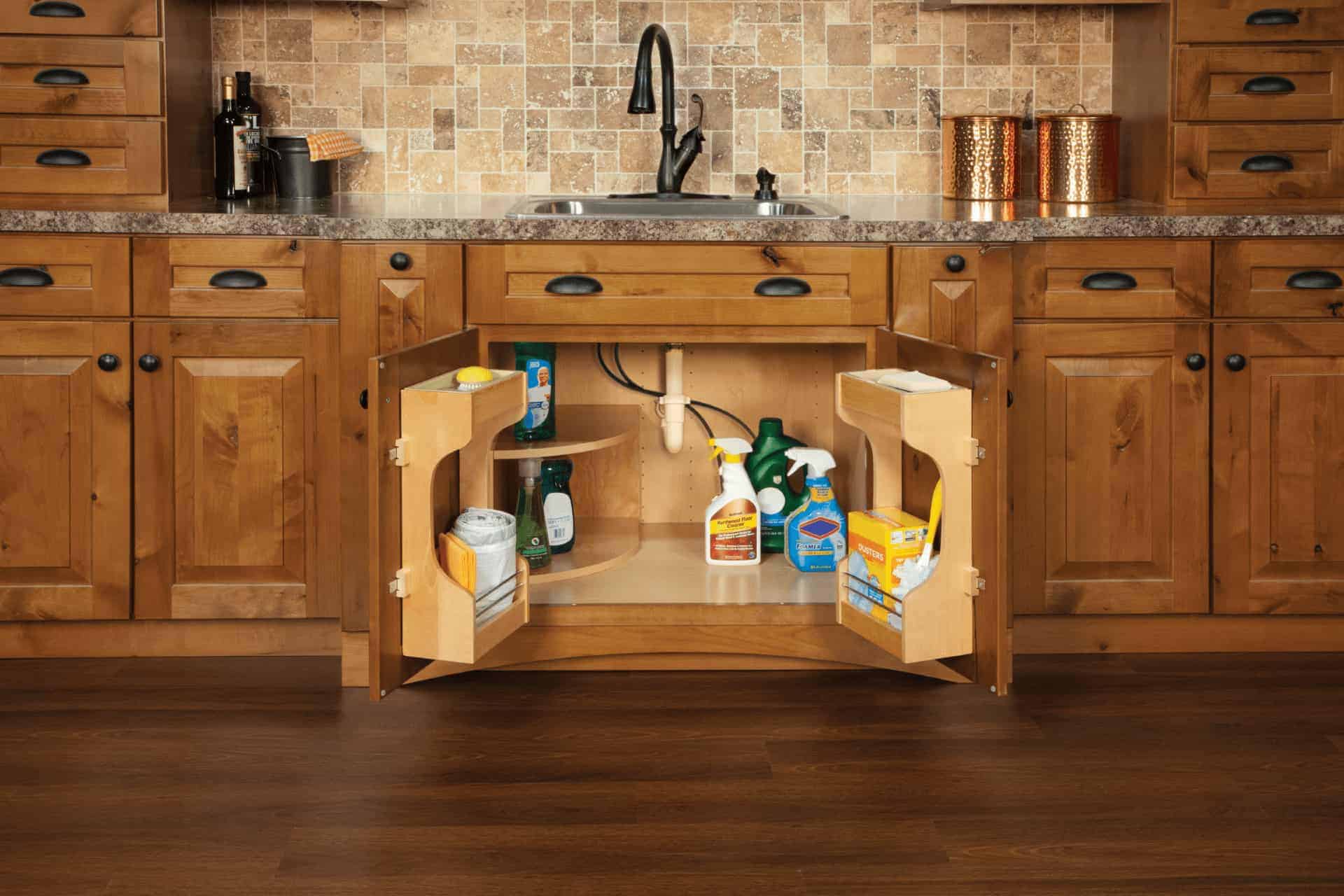 An under-sink cabinetry holding some cleaning items.