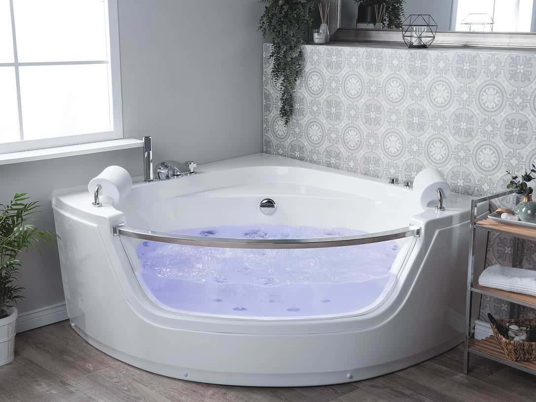 whirlpool corner tub in bathroom