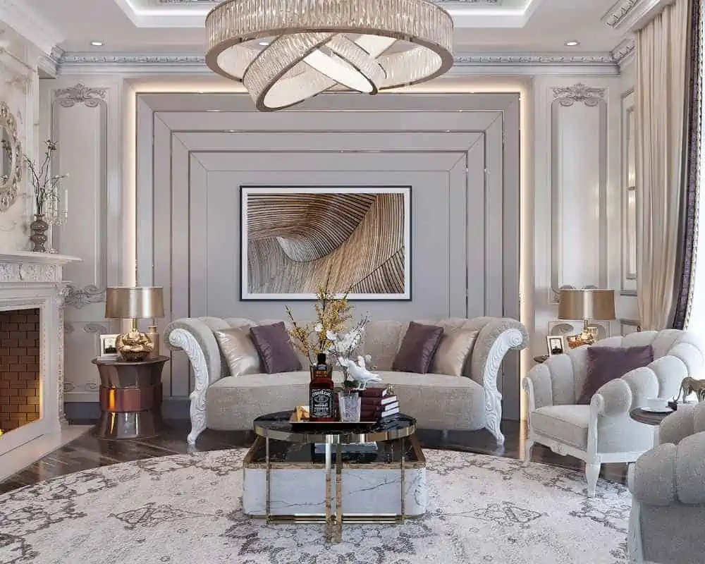 white living room with medallion, sofa, table and rug