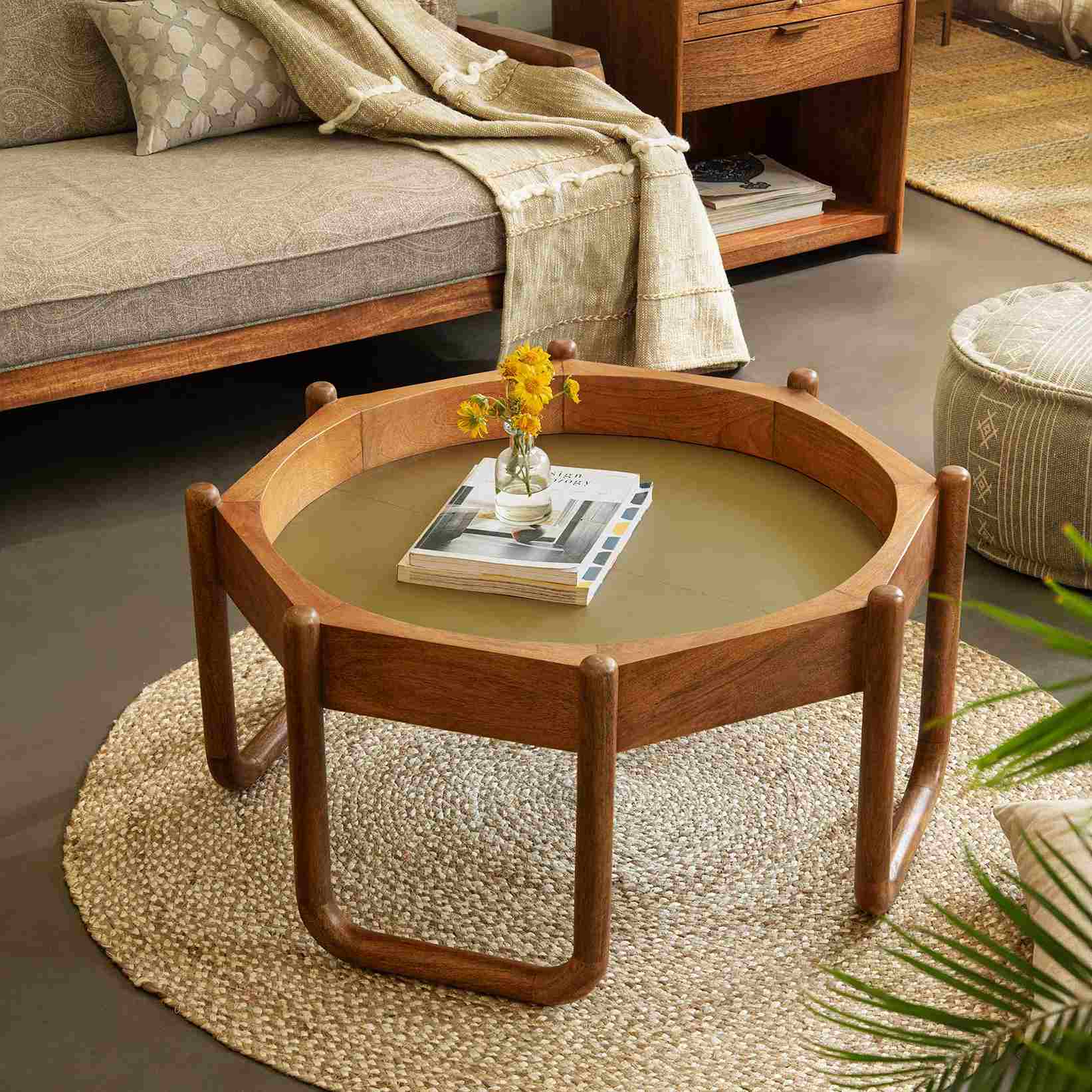 A wooden geometric coffee table in the living room