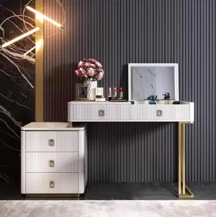 luxury white vanity mirror with gold detail and standing lamp