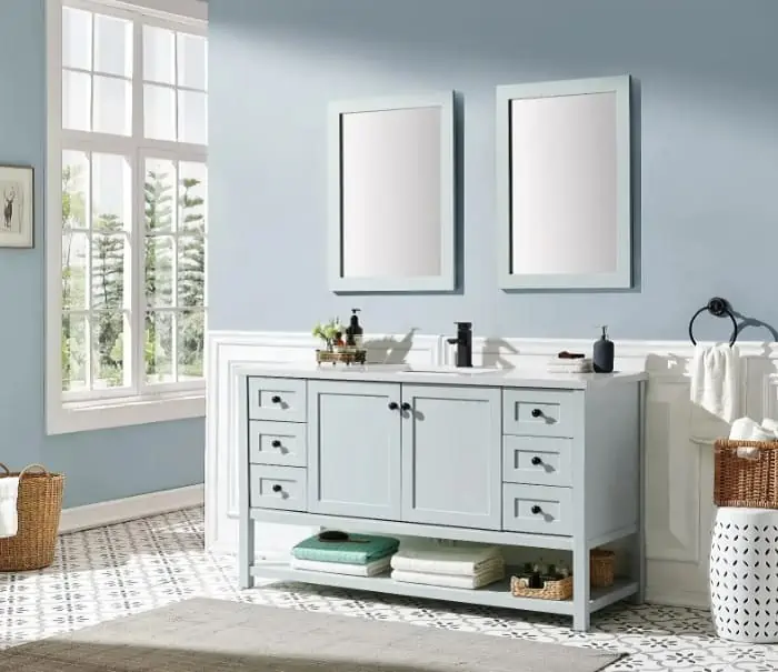 light blue freestanding mirrored vanity