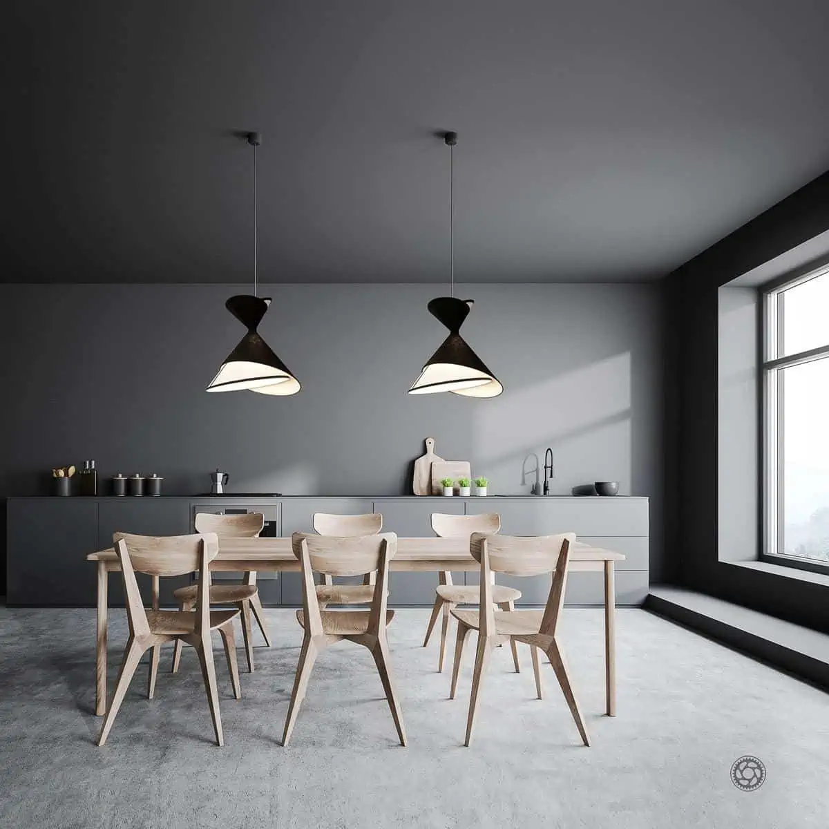 grey dining room with chair, table, pendant light