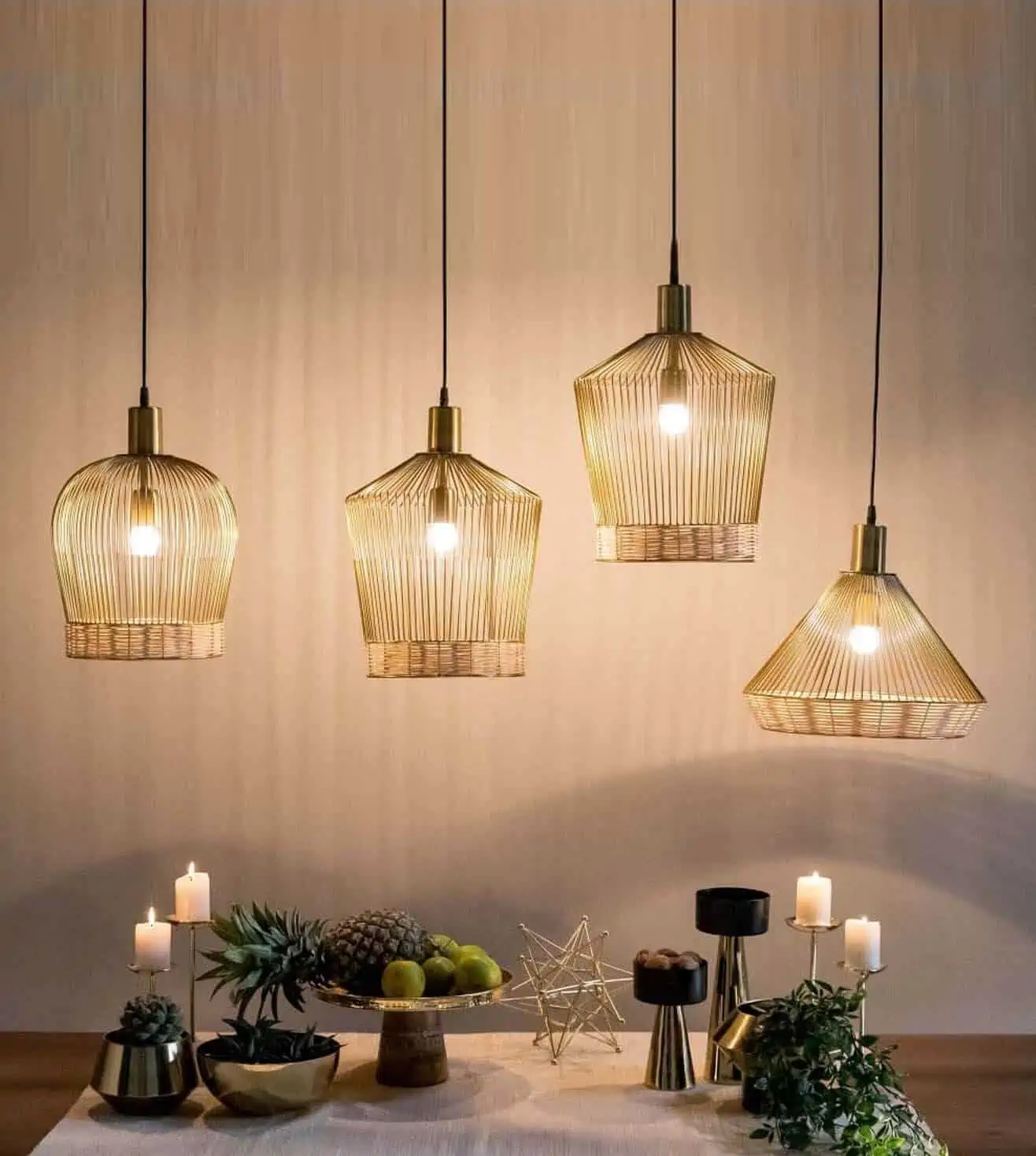 hanging lights in a dining room with brown table