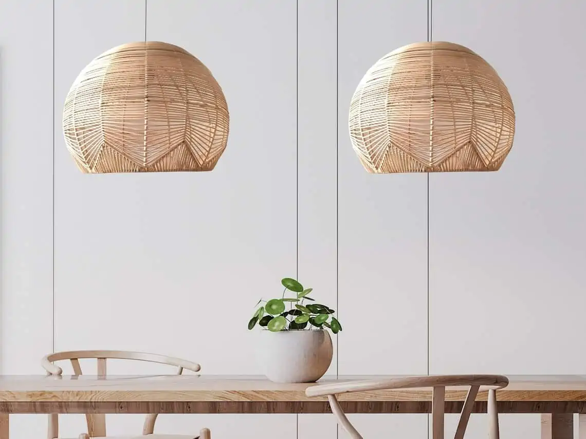 rattan hanging lights with brown table
