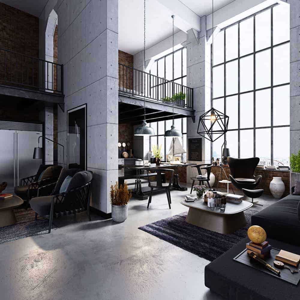 huge picture window with grills in an industrial style living room