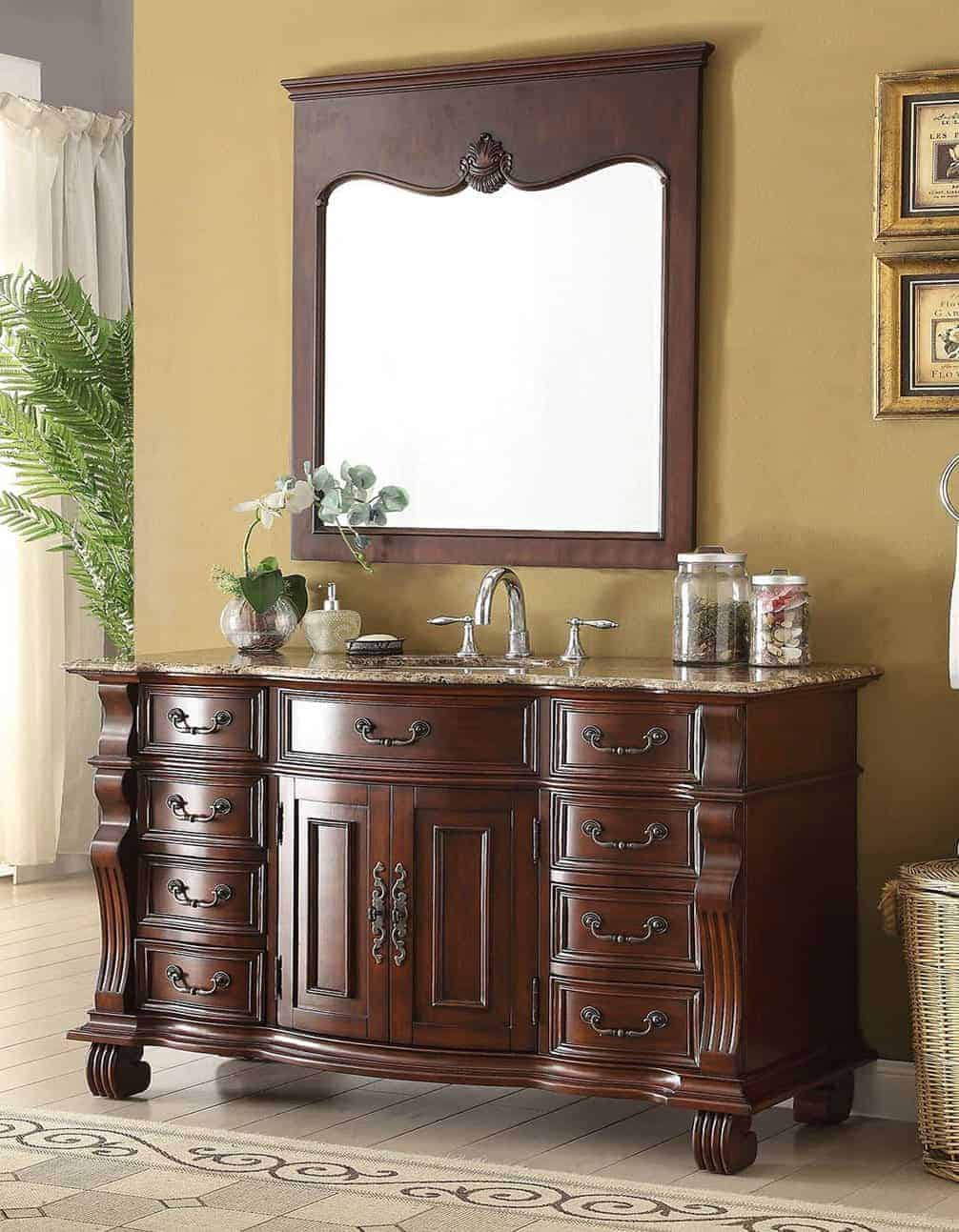 Traditional wood vintage vanity with detailing and mirror
