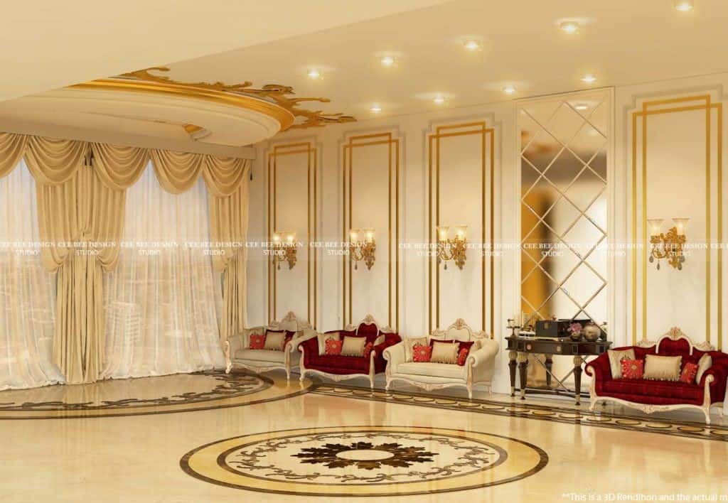 banquet hall with golden, curtains, sofa
