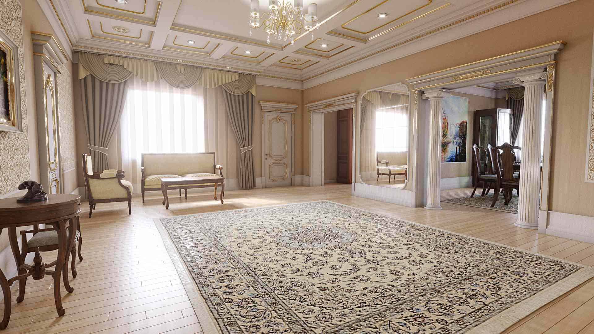 hall with beige floors with a rug, table, chandelier