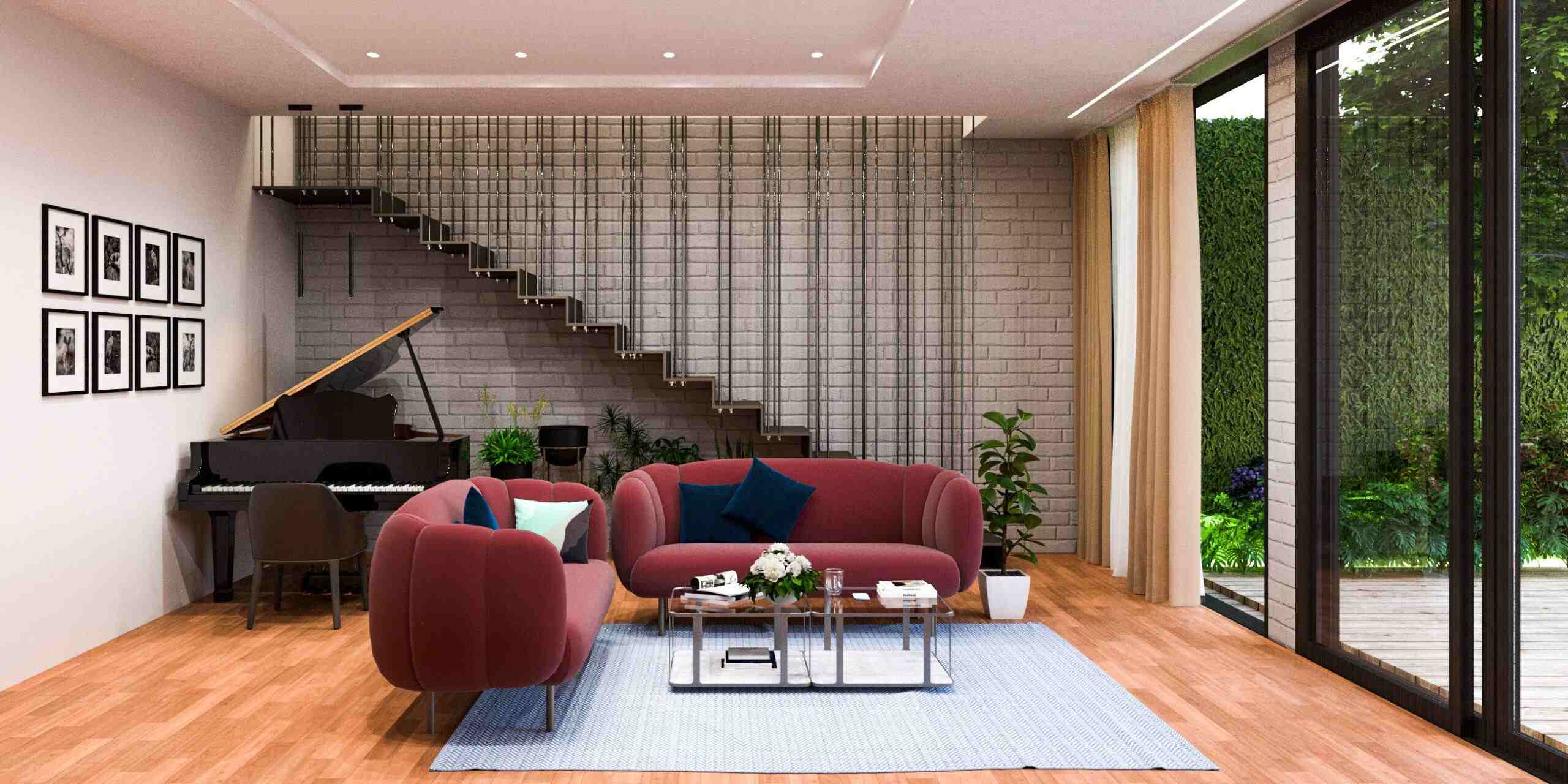 brown floors, living room, red sofa, white rug, piano