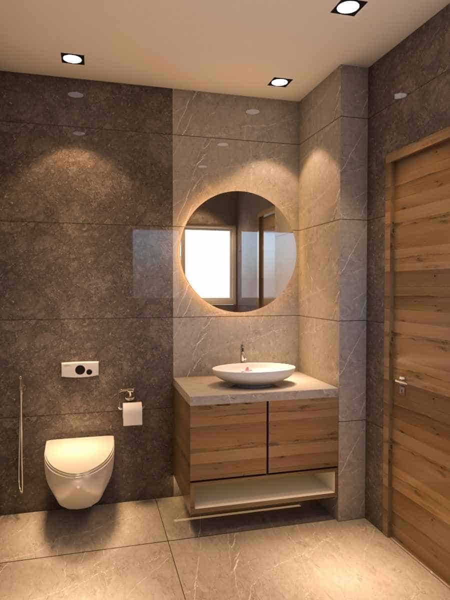 brown bathroom with a toilet, sink, cabinet, mirror