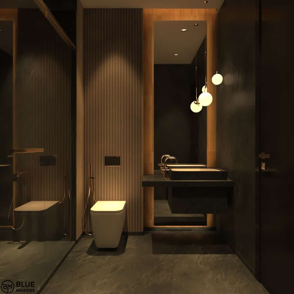 brown bathroom with a toilet, mirror, sink, lamp,