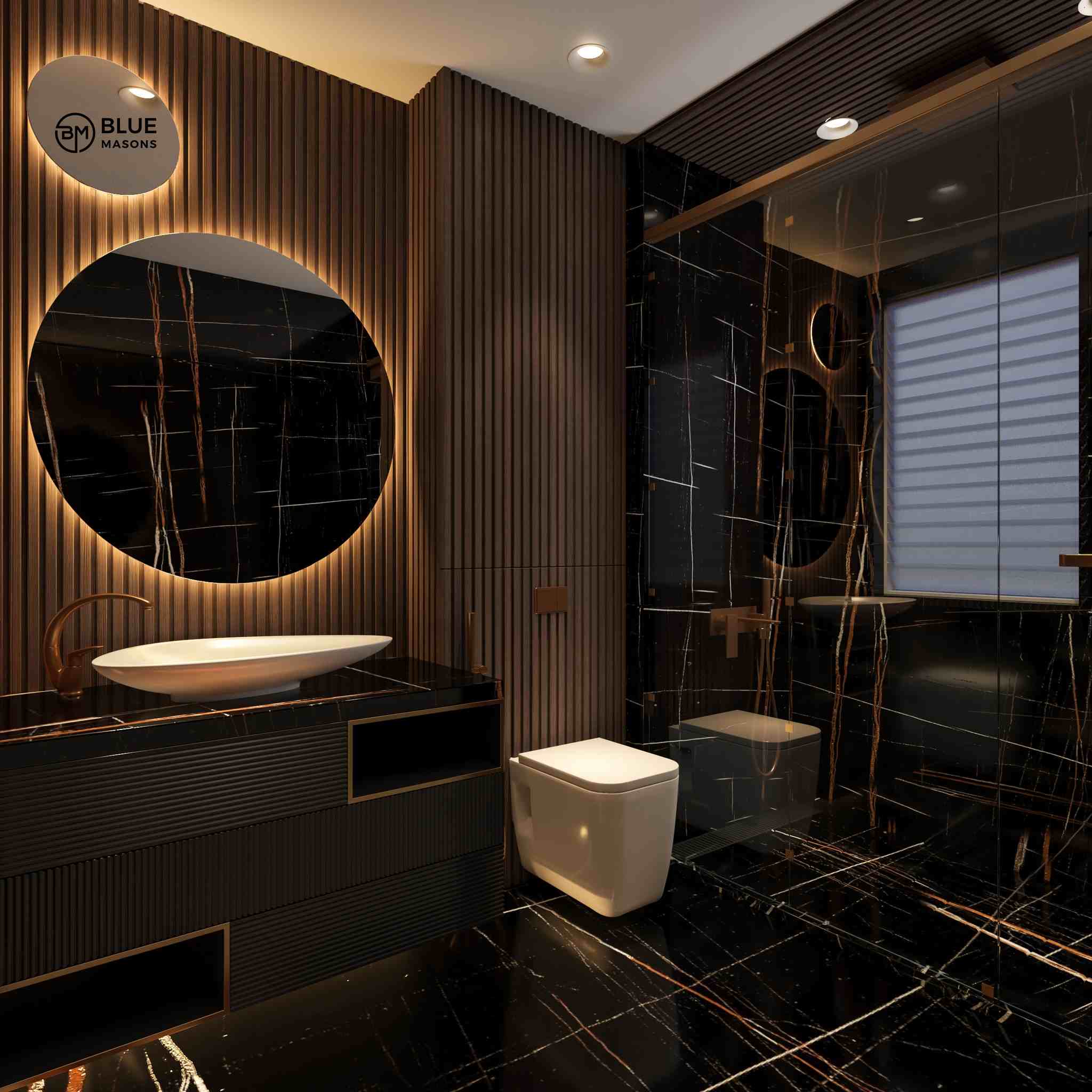 brown bathroom with toilet, mirror, sink, light, and glass door