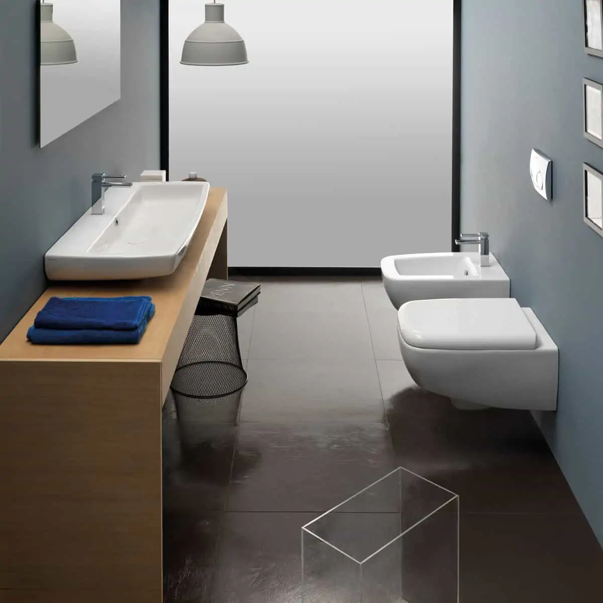 sanitaryware, bathroom fixtures - toilet, bidet, and washbasin in a small bathroom